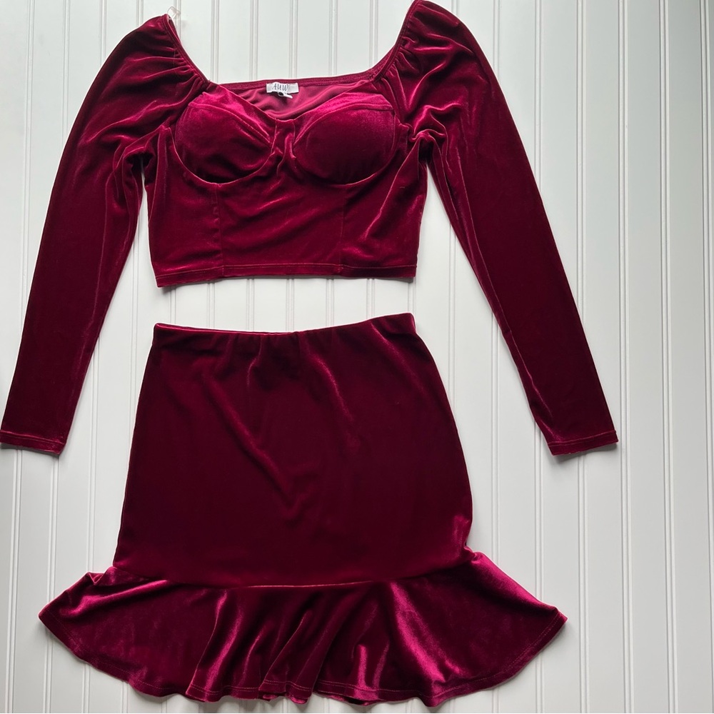 AUW Two-Piece Skirt Set Long Sleeve Crop Top & Ruffle Hem Skirt – Wine Red Sz M